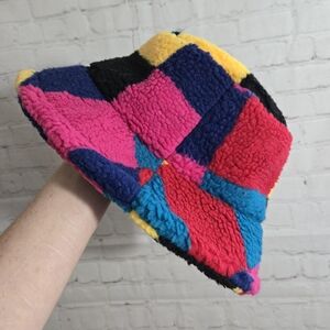 Patchwork Colorblock Faux Wool Fur Bucket Hat Unisex 90s Rave